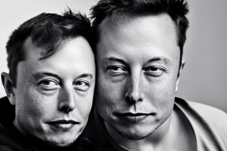 Image similar to A portrait photo of Elon Musk teams up with a teenage Elon Musk, perfect faces, 50 mm, award winning photography