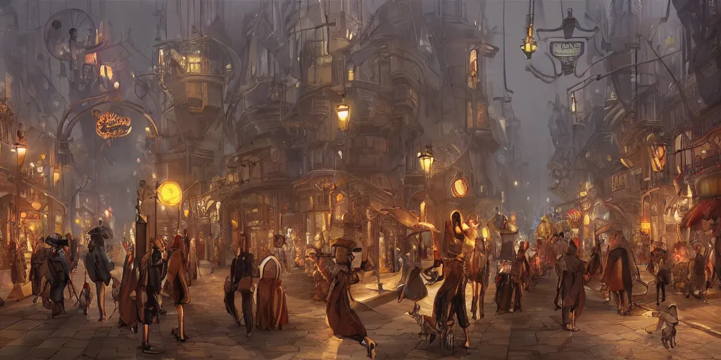 Image similar to a street of a big flying steam punk city full of people with strange costumes, artstation