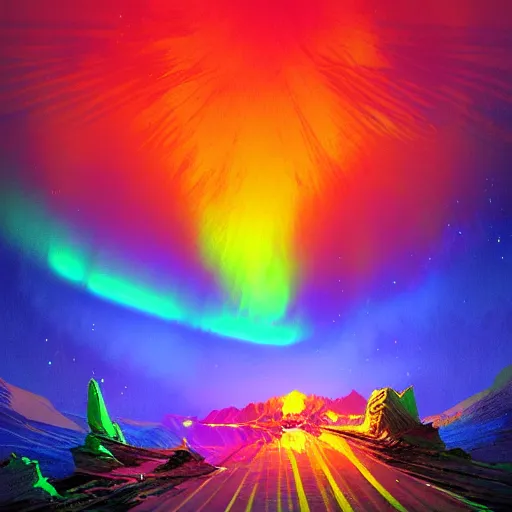 Prompt: wide wide photo of northern Lights in hell (((dynamic neon lighting)) in chromatic dmt trippy lake with glowing birds, mountains, elegant, highly detailed, sharp focus, illustration, beautiful, geometric, trending on artstation, cinematic, artwork by Tran, Ross and Aivazovsky, Ivan