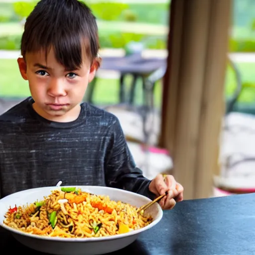 Image similar to kid with long hair and a mustache eating vegetable fried rice