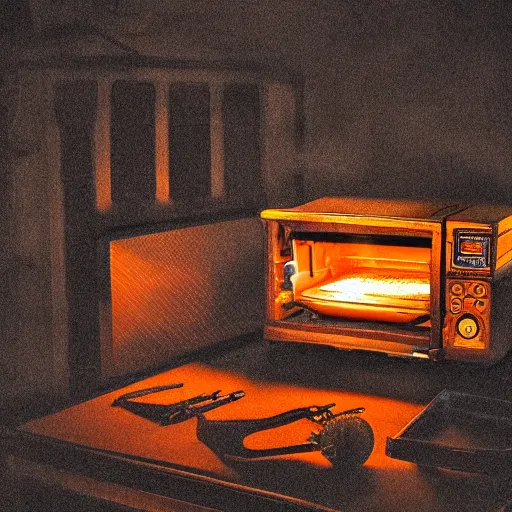 Image similar to toaster oven hangig by metallic cables, symmetry, dark messy smoke - filled cluttered workshop, dark, dramatic lighting, orange tint, sparks, cinematic, highly detailed, sci - fi, futuristic, movie still