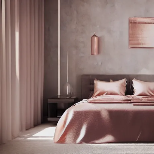 Image similar to 3 d render of modern bedroom in rose gold accents