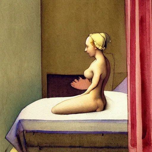 Image similar to a lonely girl in a liminal hotel room, watercolor by pontormo, limited color palette, very intricate, art nouveau, highly detailed, lights by hopper, soft pastel colors, minimalist