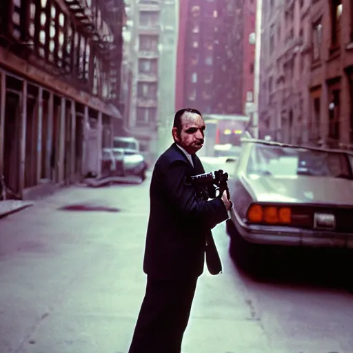 Prompt: closeup portrait of a mobster with an uzi in a smoky new york back street , by Steve McCurry and David Lazar, natural light, detailed face, CANON Eos C300, ƒ1.8, 35mm, 8K, medium-format print