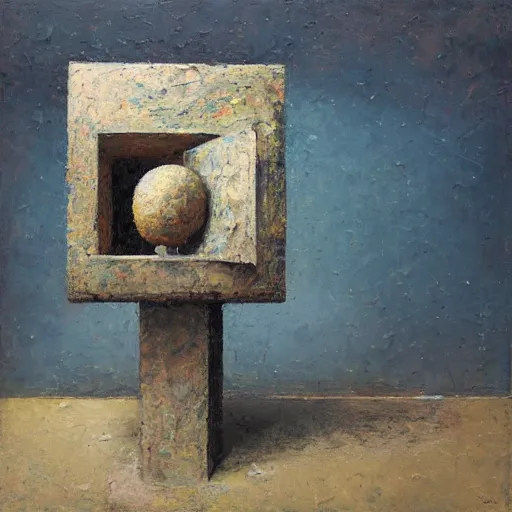 Prompt: an impasto melancholy painting by shaun tan of an abstract forgotten sculpture by the caretaker and ivan seal