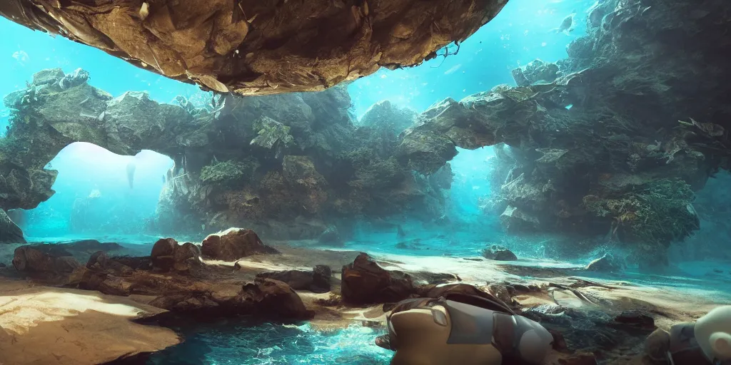 Image similar to underwater enviroment, unreal 5, hyperrealistic, realistic, photorealistic, dynamic lighting, highly detailed, cinematic landscape, studio landscape, studio lighting