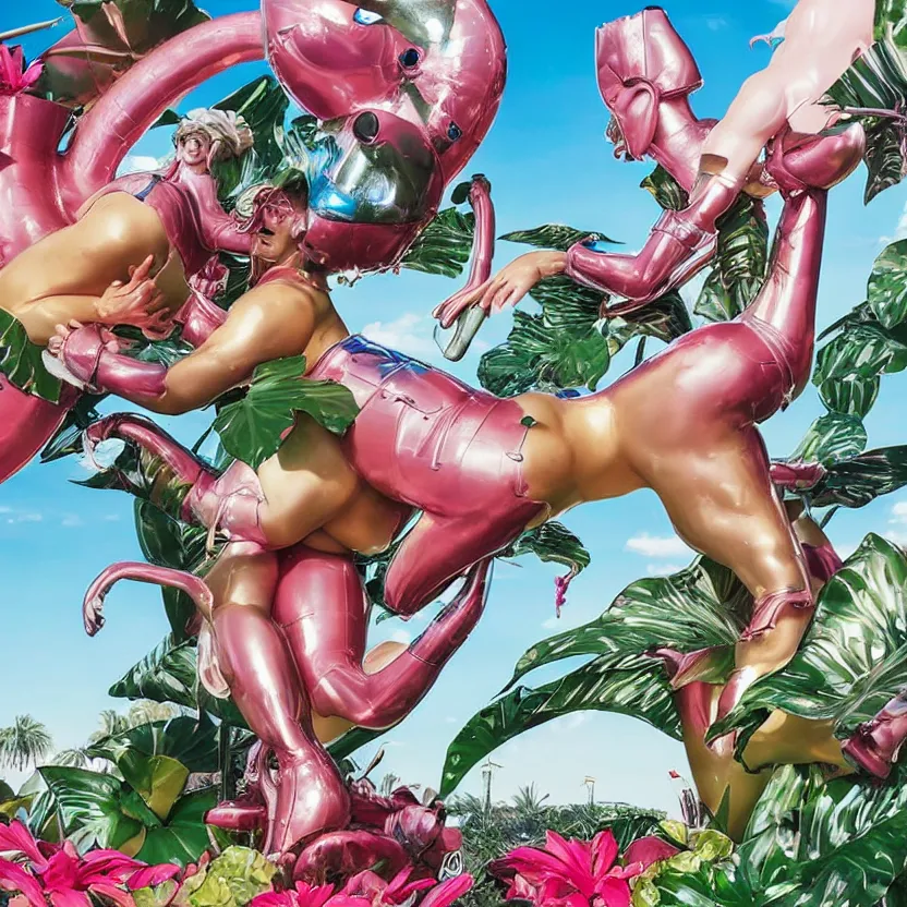 Image similar to an extreme close - up of a statue chrome cyborg lycra nymph battling a giant inflatable flamingo pool float, christmas cactus arnold schwarzenegger and monstera plants, fireworks thick smoke epic clouds, by jeff koons, hajime soryama, boris vallejo, artgerm, greg rutkowski, alphonse mucha