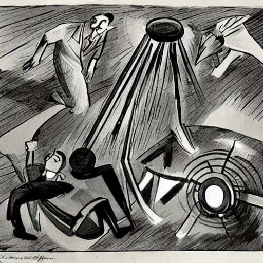 Prompt: A kinetic sculpture. A rip in spacetime. Did this device in his hand open a portal to another dimension or reality?! by William Gropper perspective