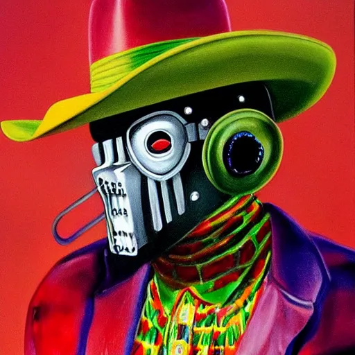 Image similar to beautiful lifelike painting of mf doom rhinestone cowboy, hyperreal detailed facial features and uv lighting, art by ed roth and basil wolverton