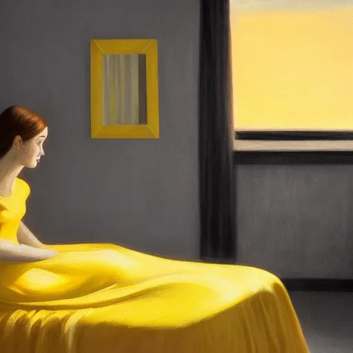 Prompt: A girl with dark hair in a yellow nightgown sits on a bed in a room with light gray walls, sunset light, by edward hopper. cinematic, hyper realism, high detail, octane render, 8k, iridescent accents