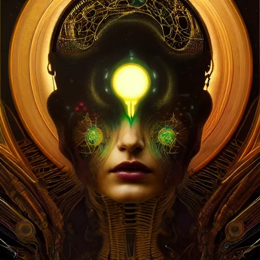 Prompt: extremely psychedelic beautiful cyborg viral queen infected by night. intricate, elegant, highly detailed, extremely lifelike photorealistic digital painting, artstation. steichen, gaston bussiere, tom bagshaw, brutalist cyberpunk alphonse mucha. elegant minimalism. anatomically correct. sharp focus. gold, black accents. surreal lush cosmic hallucination