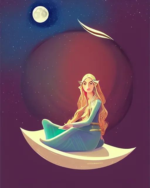 Image similar to beautiful painting of elven sitting on her flying bed and looking at the moon, petros afshar, illustration, highly detailed, simple, smooth and clean vector curves, no jagged lines, vector art, smooth, artstation