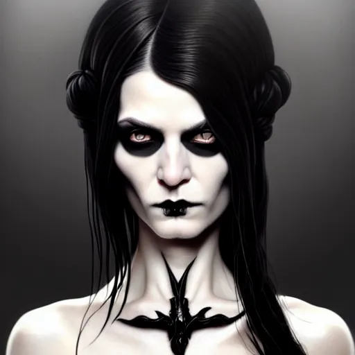 Image similar to portrait painting of an androgynous goth witch with shoulder length flowing black hair pale skin and beautiful dark brown eyes, ultra realistic, concept art, intricate details, eerie, highly detailed, photorealistic, octane render, 8 k, unreal engine. art by artgerm and greg rutkowski and magali villeneuve