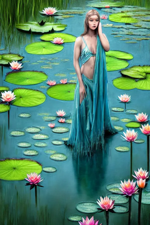 Image similar to light teal portrait in the rain on pond with waterlilies, fantasy, intricate, elegant, dramatic lighting, emotionally evoking symbolic metaphor, highly detailed, lifelike, photorealistic, digital painting, artstation, concept art, smooth, sharp focus, illustration, art by John Collier and Albert Aublet and Krenz Cushart and Artem Demura and Alphonse Mucha