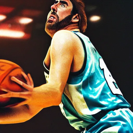 Prompt: nicolas cage as a basketball player, highly detailed photography, 4k