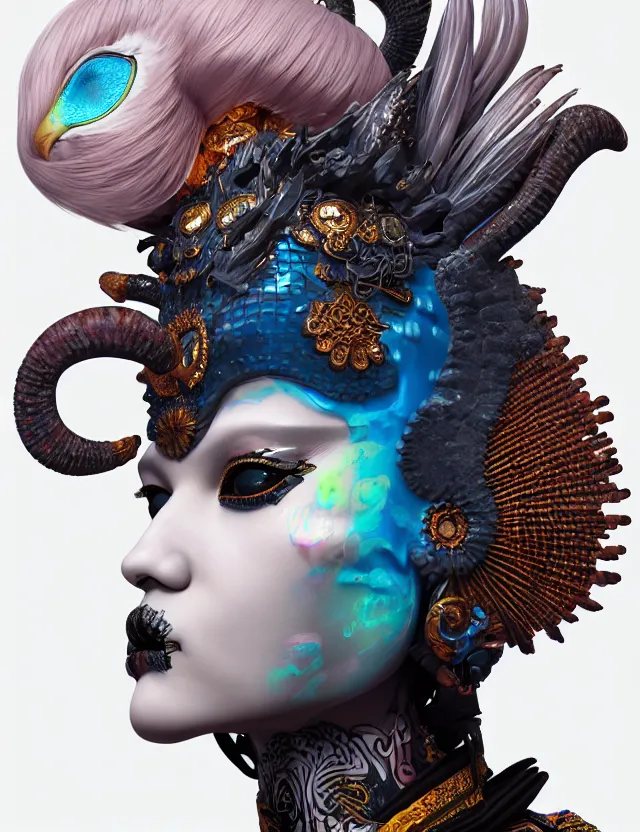 Image similar to 3 d goddess close - up profile portrait russian punk with mohawk with ram skull. beautiful detailed japanese crow kitsune mask and clasical japanese kimono. betta fish, jellyfish phoenix, bio luminescent, plasma, ice, water, wind, creature, artwork by tooth wu and wlop and beeple and greg rutkowski