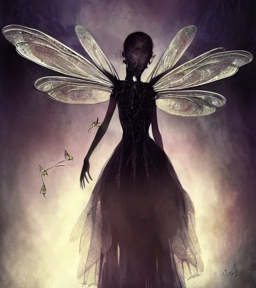 Image similar to gothic fairy with dragonfly wings, digital painting, liminal eerie midnight backlit, a picture taken by Michael Komarck and Daniel Ljunggren