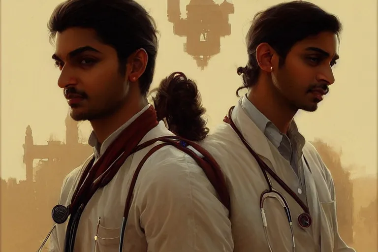 Image similar to Anxious good looking pale young Indian doctors wearing Western clothes at the airport, portrait, elegant, intricate, digital painting, artstation, concept art, smooth, sharp focus, illustration, art by artgerm and greg rutkowski and alphonse mucha