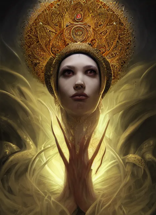 Image similar to slender high priest in a ornate robe, strange headpiece, subsurface scattering, by artgerm, karol bak, tomasz alen kopera, cgsociety and fenghua zhong, highly detailed, rim light, cinematic lighting, illustration, art, octane render, very coherent, cinematic, hyper realism, high detail, octane render, 8 k