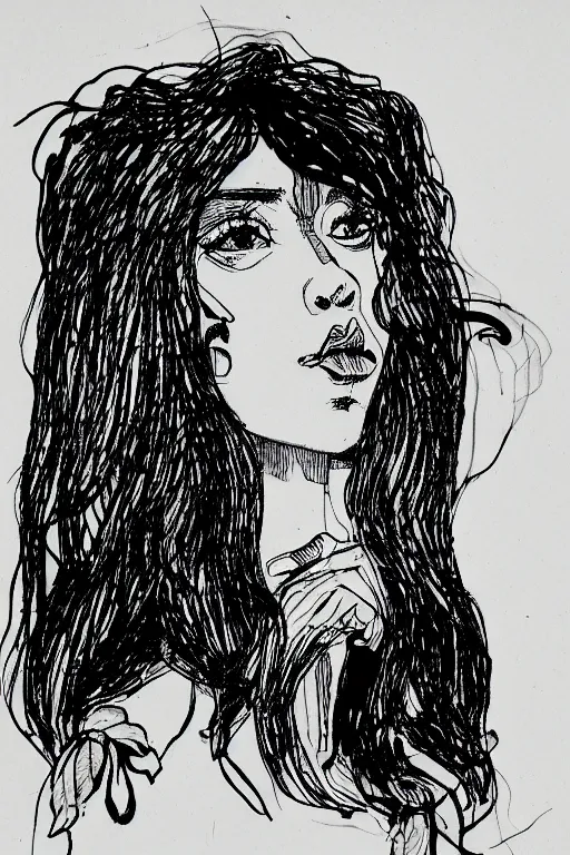 Image similar to ink lineart drawing of a beautiful trans woman, dark lips, white background, etchings by goya, chinese brush pen, illustration, high contrast, deep black tones contour