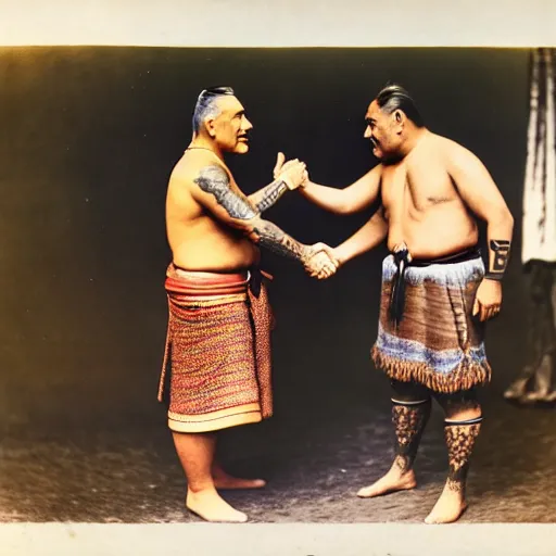 Image similar to a tattooed maori dignitary shakes hands with a 2 0 th century industrialist, colorized 1 9 0 4 photo, kodak camera, historical event, credit the national archives of the united kingdom