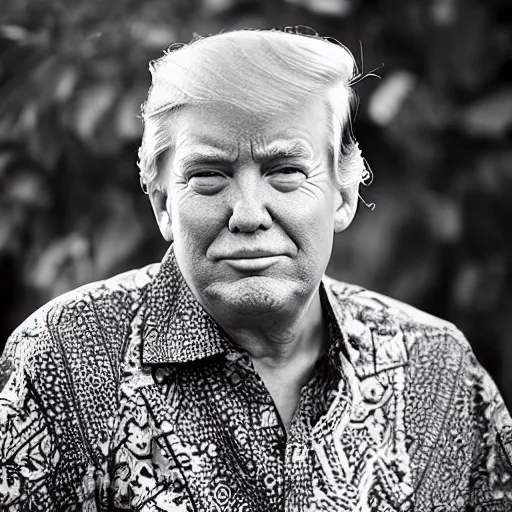 Image similar to A Portrait Photo of Trump wearing batik from Indonesia, award winning photography, sigma 85mm Lens F/1.4, perfect faces