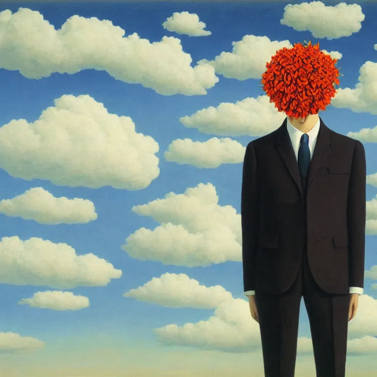 Image similar to portrait of a faceless beautiful flower - head man in a suit, clouds in the background, by rene magritte, detailed painting, distance, middle centered, hd, hq, high resolution, high detail, 4 k, 8 k