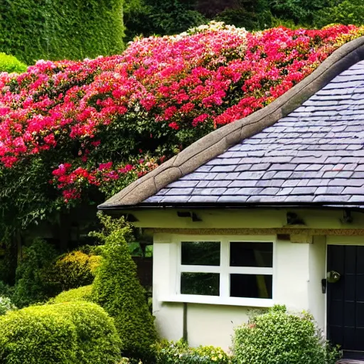 Image similar to photo of a cozy English cottage with Japanese roof, flower garden