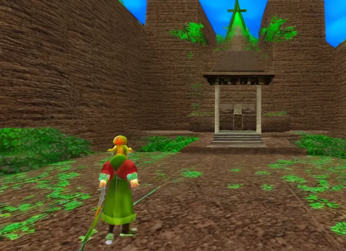 Image similar to a lonely temple next to an ancient city. screenshot of ocarina of time. nintendo 6 4 ( 1 9 9 6 )