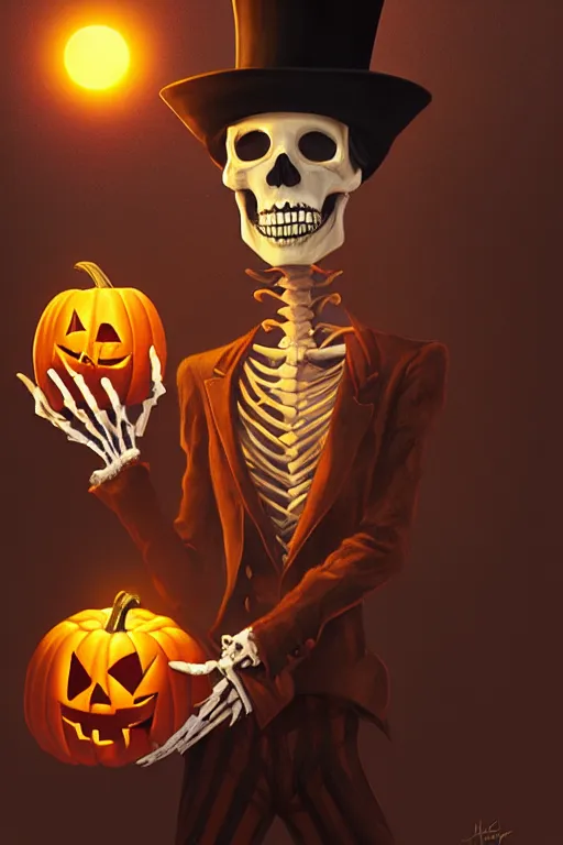 Image similar to portrait of a skeleton with a top hat holding a jack - o - lantern, halloween night, charlie bowater, artgerm, ilya kuvshinov, krenz cushart, ruan jia, realism, ultra detailed, 8 k resolution