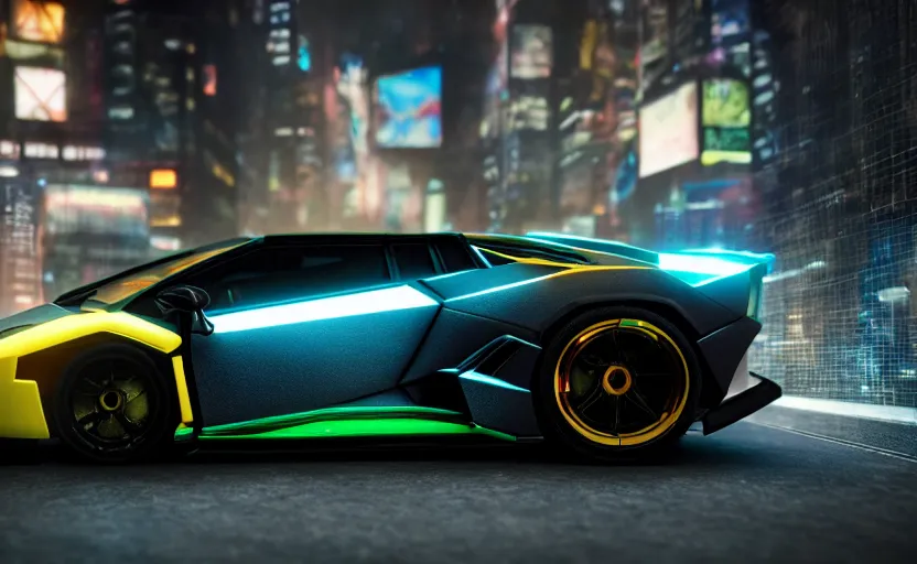 Image similar to photorealistic cyberpunk lamborghini. daylight. sunlight. lens flare. light fixtures. 8K. detailed. photorealism. artstation. 25mm f/1.7 ASPH Lens. ultra realistic