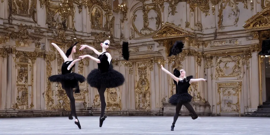 Prompt: a bunny balerina dancing the black swan on the stage of the opera garnier