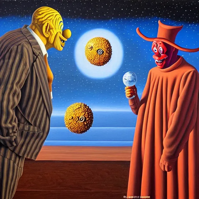 Image similar to an oil on canvas painting of a sad clown sitting by himself next to the devil, surrealism, surrealist, cosmic horror, rob gonsalves, high detail