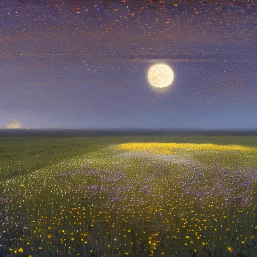 Prompt: field of flowers at night, lit by moonlight, landscape art by donato giancola and greg rutkowski, digital art, trending on artstation, symmetry!!, volumetric lighting