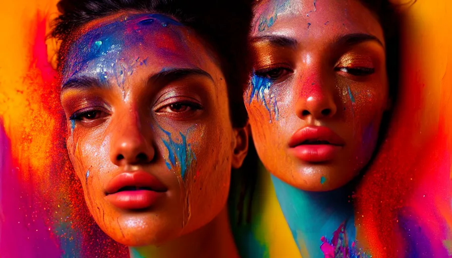 Image similar to very beautiful woman, face submerged in colorful oils, brown skin, realism, extreme detail, real life, key art, soft light, volumetric light, 3 - d shadows, photo by james jean and wlop, photoshoot