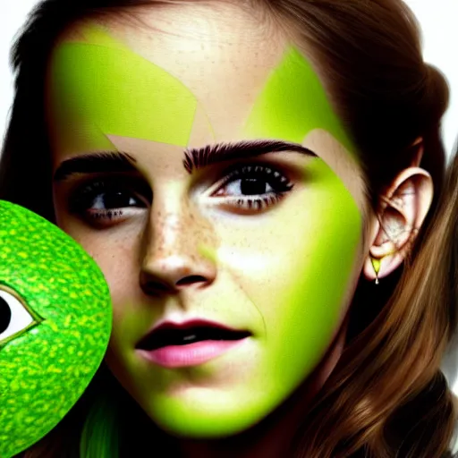 Image similar to photograph of emma watson with green avocado skin, anthropomorphic, photoshop