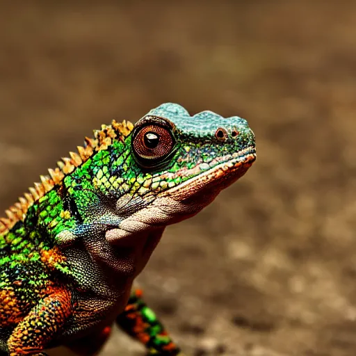 Prompt: An award winning photo of Tokay crocodile chameleon looking at the camera, cute, nature photography, National Geographic, 4k