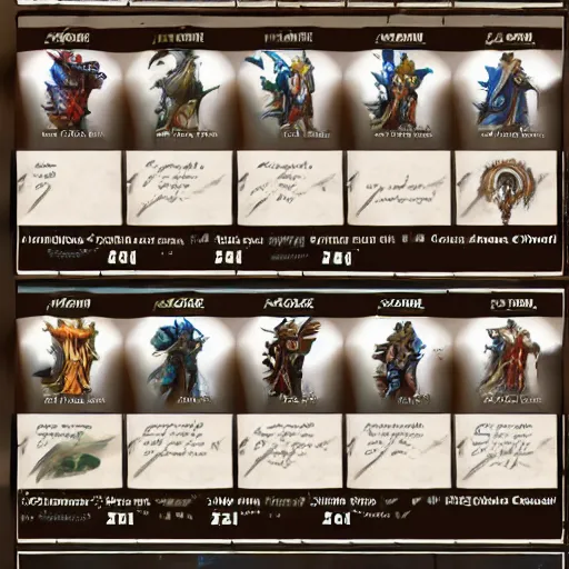 Prompt: sheet showcasing each dnd base class, concept art