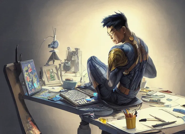 Image similar to an insanely detailed painting of an asian man wearing a homemade superhero costume, sitting at a desk, staring seriously at the computer and typing, in the style of peter mohrbacher, james jean, artgerm, dramatic lighting and composition, surreal background, octane render, pixar, trending on artstation, concept art, comic book, view from behind, 8 k