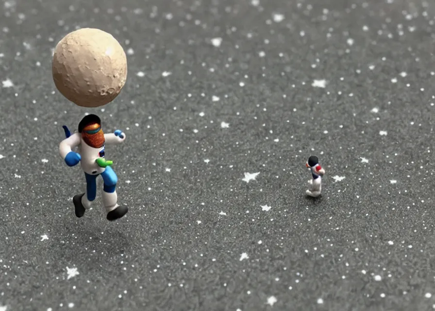 Image similar to astronaut running on moon, earth in background stary sky, claymation