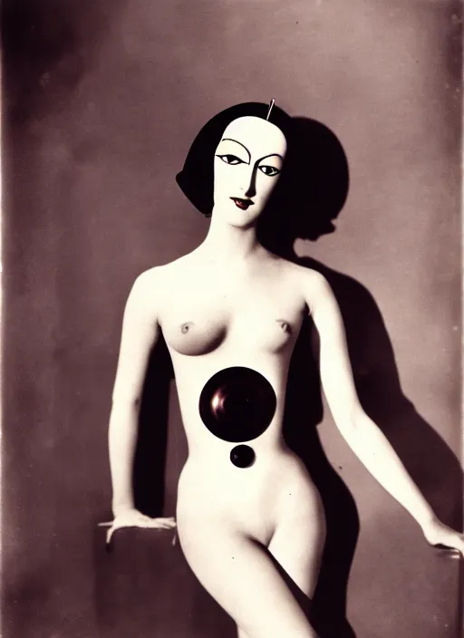 Prompt: photography of beautyful female android steampunk by man ray,