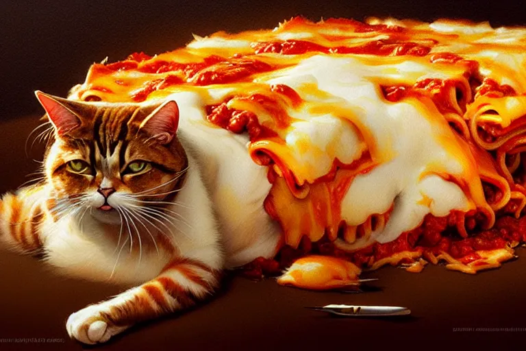 Prompt: lasagna garfield the cat, made of lasagna, hyper detailed, digital art, artstation, cinematic lighting, studio quality, smooth render, by caravaggio, artgerm, greg rutkowski