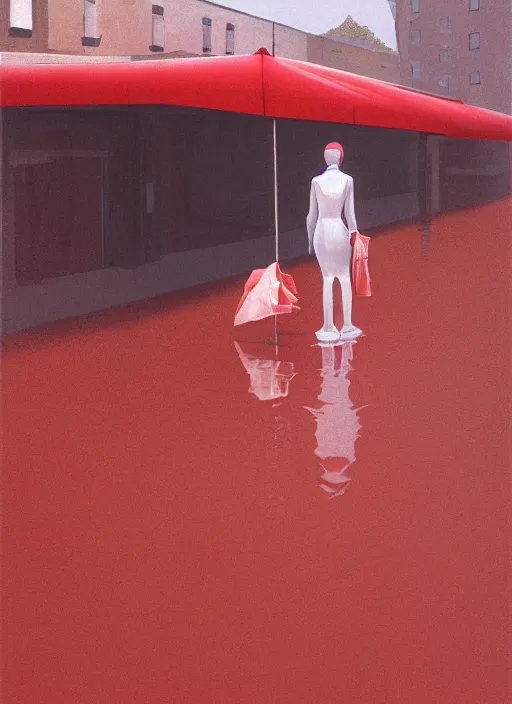 Prompt: woman in VR helmet made of paper bag, dressed in transparent red plastic bags, on flooded street Edward Hopper and James Gilleard, Zdzislaw Beksinski, highly detailed