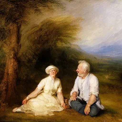 Prompt: a painting of a happy 60 year old man and a happy 60 year old woman sitting in a garden together, by william turner