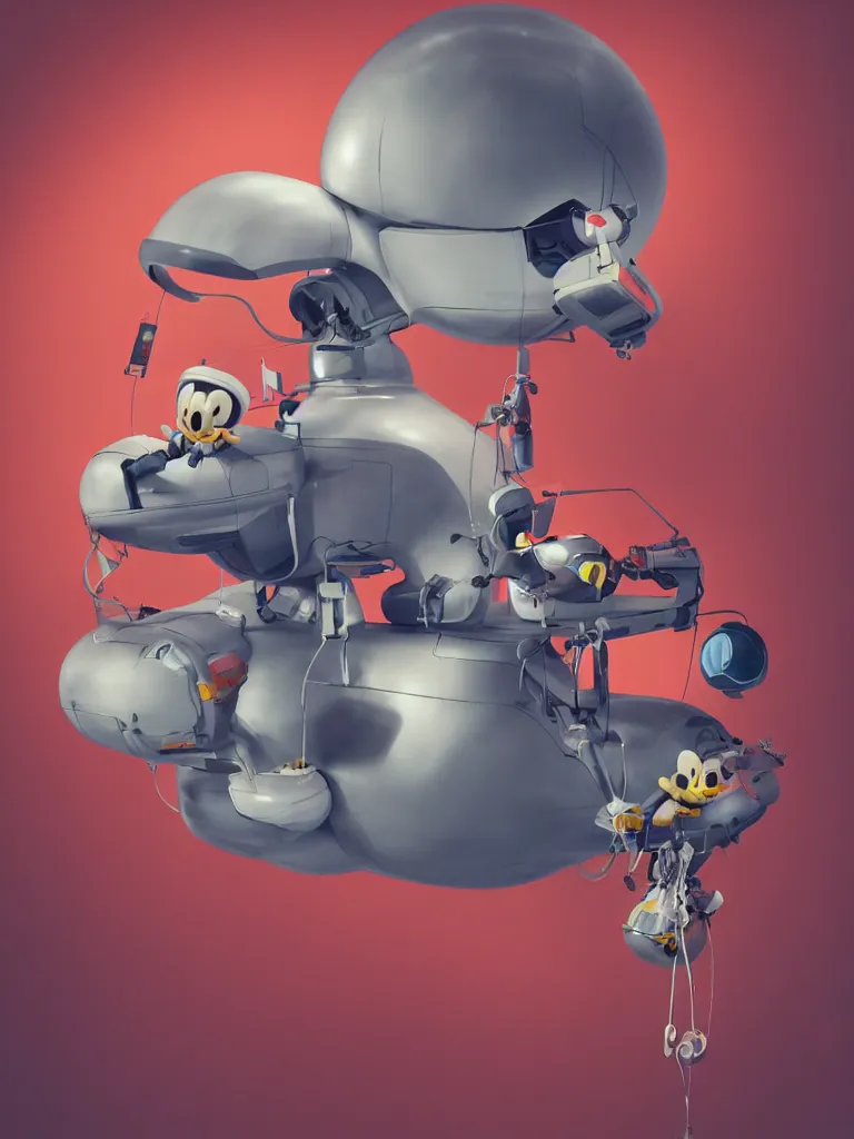 Prompt: graphic art of dystopian futuristic 1 0 mechanic surgeons astronaut humans, operate on a mickeymouse!!! head balloon float brain exposed, held by a crane. ominous glowing red netflix!!! sign in the background, trending on art station, beeple!!, clean concept art, smooth, octane render, minimal