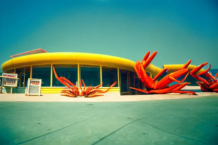 Image similar to 1 9 8 5 crab themed giant aquarium, googie architecture, one point perspective, americana, fishcore, exterior photography, hd 8 k, photography cinestill