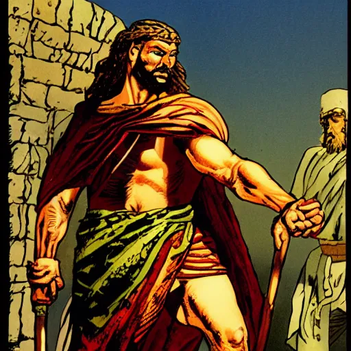 Prompt: ancient historically accurate depiction of the Bible Character Jesus, the Philistine warrior giant by frank miller