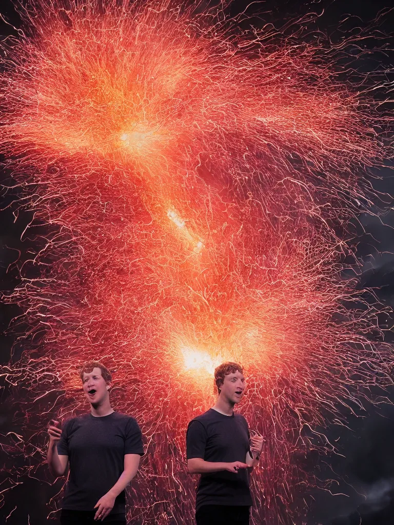 Prompt: mark zuckerberg uses a mere fraction of his powers, mark zuckerberg starts the end of the world, burning fiery hair, god of death and destruction, the bringer of the end, swirling mass of sparks and thunder, wrath and hellfire, captured on canon eos r 6