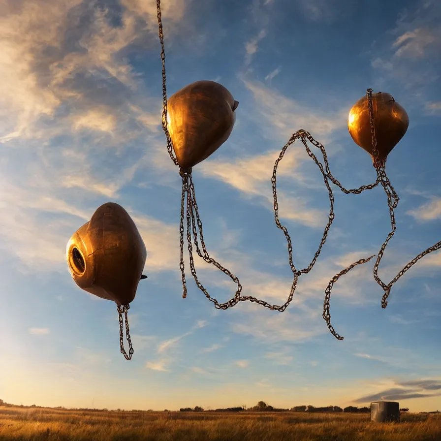 Image similar to beautiful blimps high in the sky, copper chains hanging from the edges, steampunk styled, golden hour, steam clouds, clouds, valves, award winning photography, highly detailed, low poly, extremely wide angle