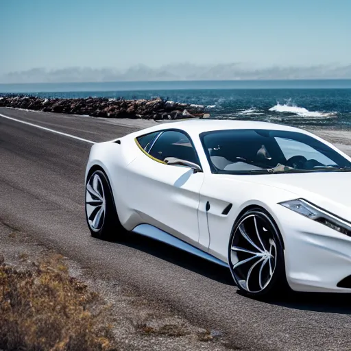 Prompt: a dslr photograph of a white ferrari concept racing along the pacific coast highway, ocean in the background, 8 k,